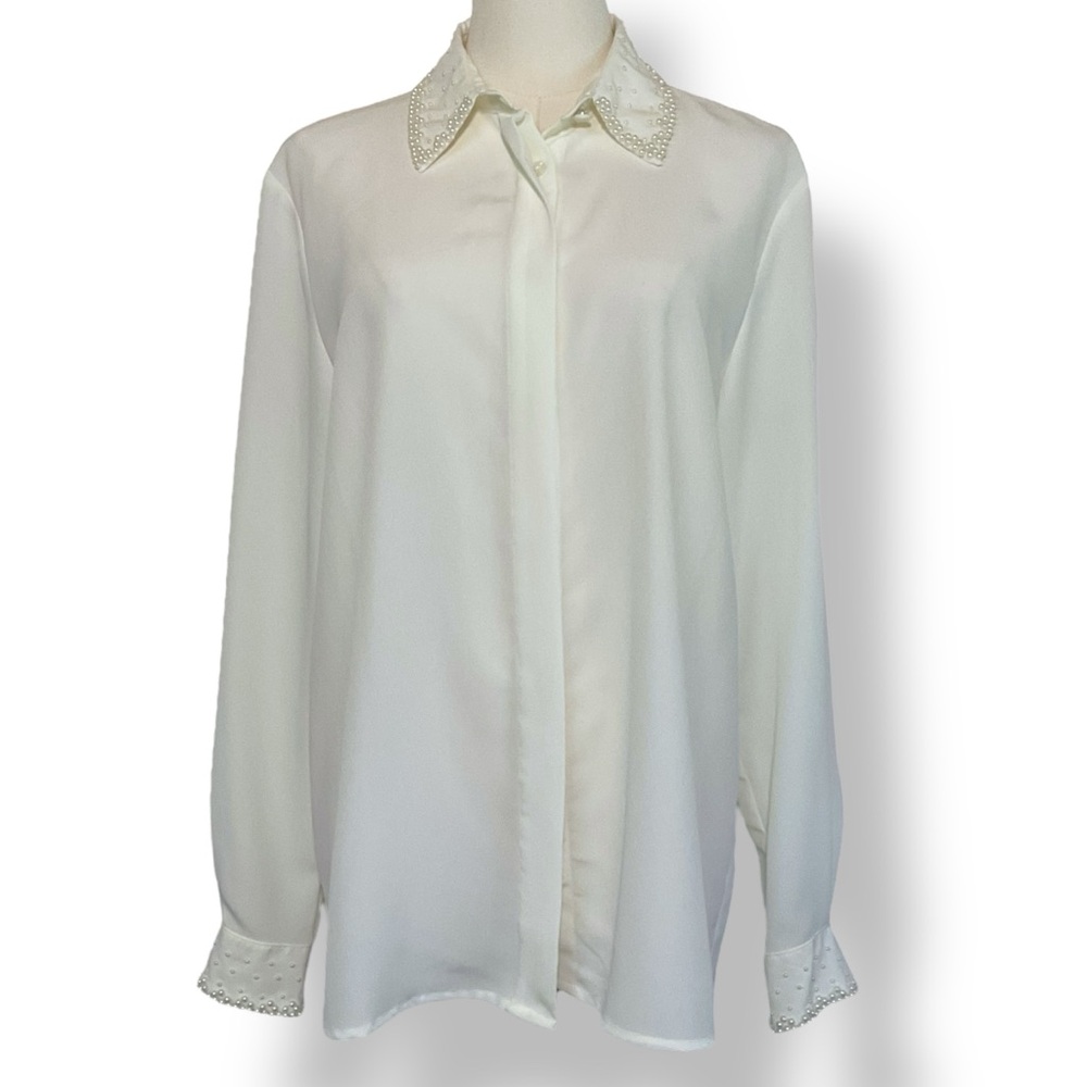 Vintage Alfred Dunner Blouse Beaded‎ Cream Longsleeve Pearls Embellished Size 10